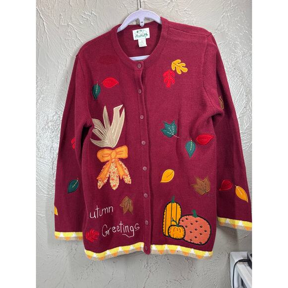 The Quacker Factory Autumn Greetings Fall Cardigan Corn Leaves Pumpkin Medium - Picture 1 of 5